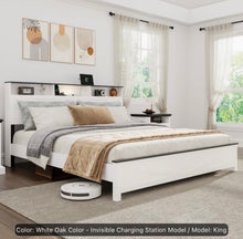 Wooden King Size Bed Frame with Storage Headboard, Farmhouse Platform Bed Frame with LED Lights and Charging Station, White! (NEW IN BOX)