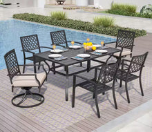 8-Piece Metal Patio Outdoor Dining Set with Slat Rectangle Table, 2 Elegant Swivel Chairs with Beige Cushions, and 15Ft LED Umbrella W/Base! (NEW - SCRATCHED FROM SHIPPING)
