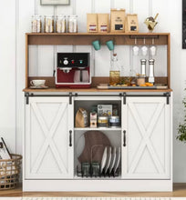 Costway 47.5" Farmhouse Coffee Bar Cabinet with Charging Station Glass Cup Holders Hutch