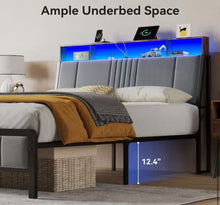 Gray Queen Bed Frame with Upholstered Headboard and Led Lights, Platform Bed No Box Spring Needed! (NEW IN BOX)