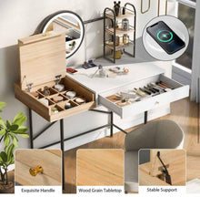 1-Drawer White Makeup Vanity Table Wooden Dressing Desk with 3-Mode Lighted Mirror, Wireless Charging Station, 3 Shelves