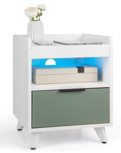 Tangkula 2PCS Nightstand Modern Beside End Table w/ LED Lights Open Compartment & Drawer! (NEW IN BOX)