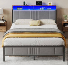 Gray Queen Bed Frame with Upholstered Headboard and Led Lights, Platform Bed No Box Spring Needed! (NEW IN BOX)