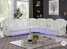 3-Pieces 210" Breathing Leather Power Reclining Theater Sectional with Wireless Chargers and LED Lighting- new - cream color