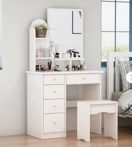 FUFU&GAGA
5-Drawers Wood Dresser Makeup Vanity Sets in White With Stool, Mirror (55.1 in. H x 31.5 in. W x 15.7 in. D)- new in box