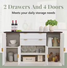 Buffet Sideboard Cabinet with Storage, Modern Buffet Table with Adjustable Shelves, Coffee Bar Cabinet with 2 Drawers & 4 Doors, Rustic/Washed White/Cream! (NEW IN BOX) - (SEE PHOTOS - RUSTIC CREAMY COLOR - BROWN TOP)