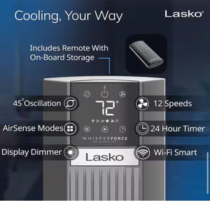 Lasko Xtra Air 48 in. 12-Speed Smart Tower Fan in Gray w/ DC Motor, Works w/ Alexa, Google, Whisper Quiet, Remote, 12 in. Dia!! NEW AND ASSEMBLED!!
