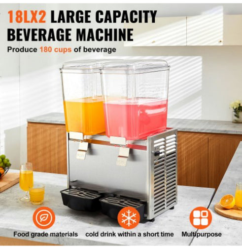 VEVOR Commercial Beverage Dispenser, 20.4 Qt 18L 2 Tanks Ice Tea Drink Machine, 590W 304 Stainless Steel Juice Dispenser with 41℉-53.6℉ Thermostat Controller, for Cold Drink Restaurant Hotel Party-new