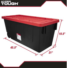 Hyper Tough 50 Gallon Snap Lid Wheeled Plastic Storage Bin Container, Black with Red lid!! NEW OUT OF BOX(MINOR STRAP DAMAGE ON LID, WORKS FINE)!!