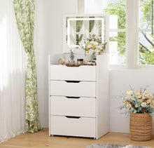 3-Drawer White Wood Makeup Vanity Set Dresser Table with Flip-Top Mirror, See-Through Glass Top, Lights, Stool! (NEW IN BOX)