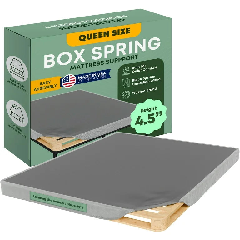 Continental Sleep, Unassembled Queen Box Spring for Queen Bed, 4.5-Inch Wood Box Spring Only, Noise-Free Mattress Foundation, Packed Flat, Easy Assembly, Gray! (NEW IN BOX)