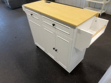 August Grove Rolling Kitchen Island Cart with Trash Storage, Power Outlet & Drop Leaf! (BRAND NEW & ASSEMBLED) - (MINOR CHIP ON DOOR)