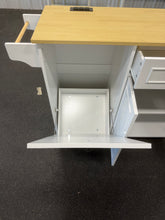 August Grove Rolling Kitchen Island Cart with Trash Storage, Power Outlet & Drop Leaf! (BRAND NEW & ASSEMBLED) - (MINOR CHIP ON DOOR)