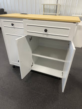 August Grove Rolling Kitchen Island Cart with Trash Storage, Power Outlet & Drop Leaf! (BRAND NEW & ASSEMBLED) - (MINOR CHIP ON DOOR)