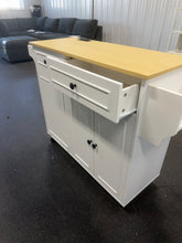 August Grove Rolling Kitchen Island Cart with Trash Storage, Power Outlet & Drop Leaf! (BRAND NEW & ASSEMBLED) - (MINOR CHIP ON DOOR)