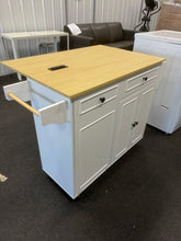 August Grove Rolling Kitchen Island Cart with Trash Storage, Power Outlet & Drop Leaf! (BRAND NEW & ASSEMBLED) - (MINOR CHIP ON DOOR)