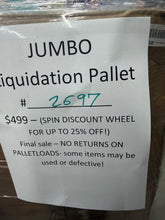 Jumbo Liquidation Pallet number 2697

Over 7 ft tall!

General merchandise

Discounts cannot be combined.