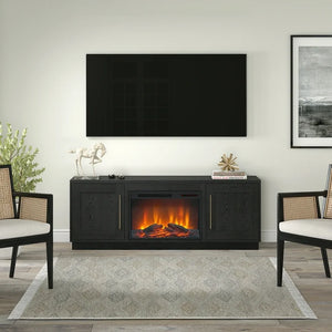 Evelyn&Zoe Tillman Rectangular TV Stand with 26" Log Fireplace for TV's up to 75", Black Grain! (NEW IN BOX)