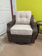 Pocassy Round Side Series 3-Pieces Brown Wicker Outdoor Swivel Rocking Chair with CushionGuard Beige Cushions- WE DO NOT SHIP!!