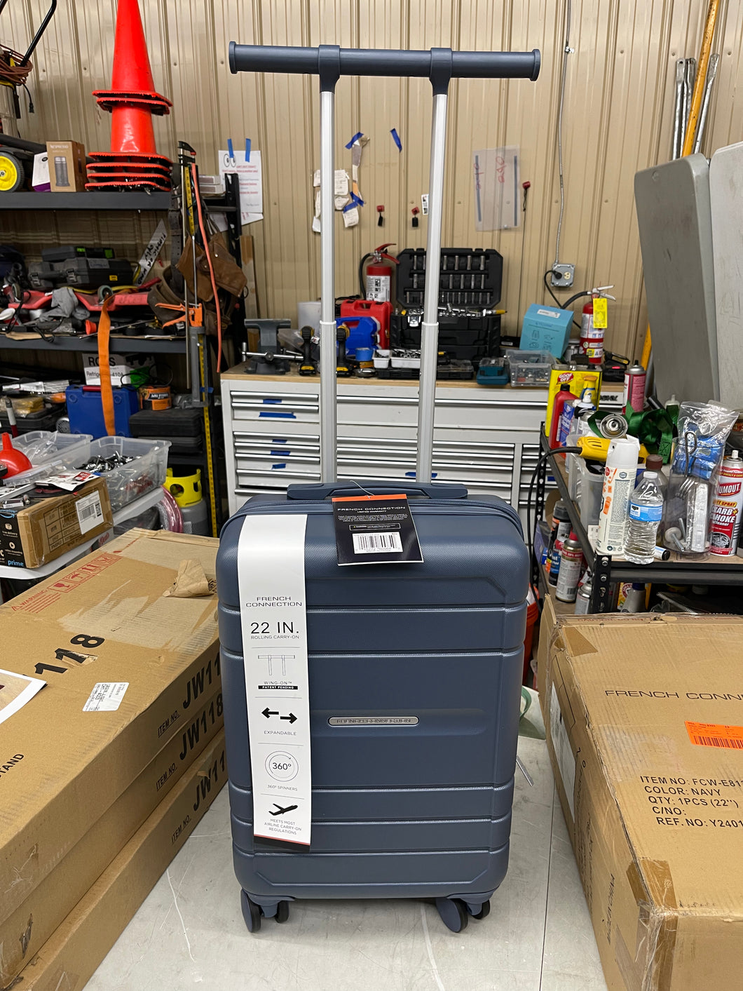 French Connection
22 in. Navy Expandable Trunk-style Rolling Carry-On Luggage with Spinners- new!