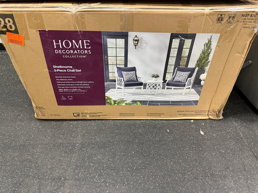 Shelbourne 3-Piece Aluminum Patio Conversation Set with CushionGuard Plus Midnight Blue Cushions! (NEW - ASSEMBLED IN BOX)