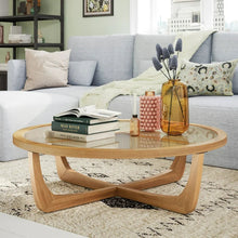 Beautiful Rattan & Glass Coffee Table with Solid Wood Frame by Drew Barrymore, Warm Honey Finish! (NEW & ASSEMBLED - CRACKED BOTTOM)