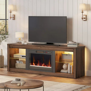 Bestier Modern Electric 7 Color LED Fireplace TV Stand for TVs up to 70", Walnut**New in box**