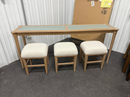 Bernard’s Frosted Glass Console Table with 3 Stools, Sand Finish!! NEW AND ASSEMBLED!!