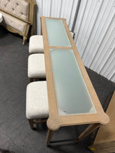 Bernard’s Frosted Glass Console Table with 3 Stools, Sand Finish!! NEW AND ASSEMBLED!!