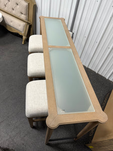 Bernard’s Frosted Glass Console Table with 3 Stools, Sand Finish!! NEW AND ASSEMBLED!!