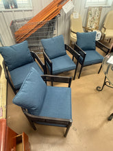Grand patio Outdoor Dining Chairs Set of 4, 4 Pieces Patio Dining Chairs, Metal Woven Wicker Fixed Patio Chairs with Peacock Blue Cushions for Backyard, Deck, Garden, Porch, Lawn and Poolside (Brown)