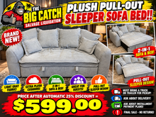 PLUSH PULL-OUT SLEEPER SOFA BED!! (BRAND NEW – LIGHT GRAY!)