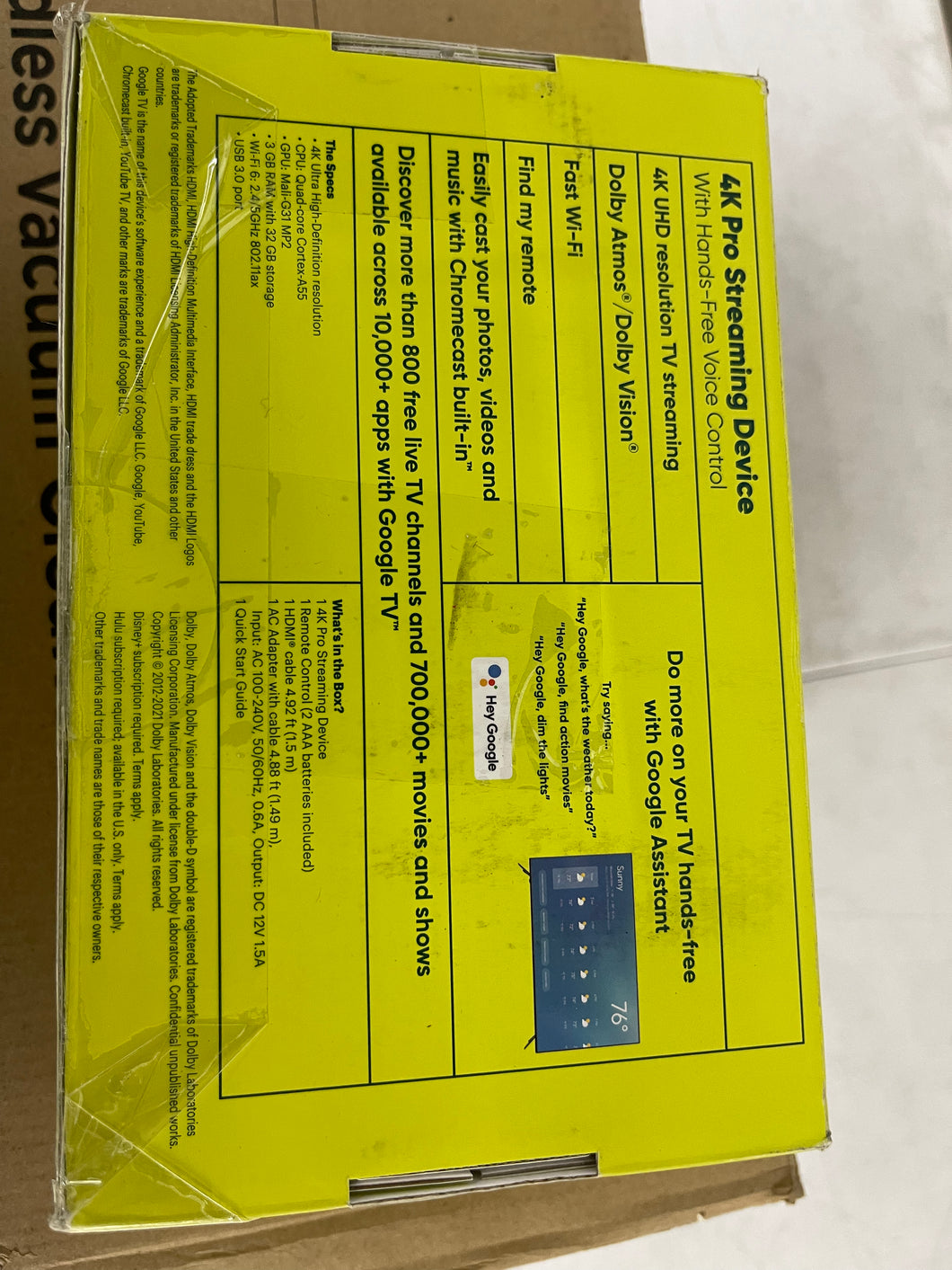 onn. Google TV 4K Pro Streaming Device (New, 2024), 4K UHD resolution, Dolby Vision & Dolby ATMOS, Hands-Free Voice Control, Smart Hub- new in box