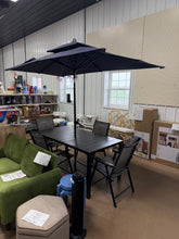 6 pc set- NEW- Metal outdoor table with slat top- 4 new outdoor chairs that fold- and 5 New 9 ft umbrella with tilt features