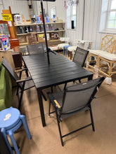 6 pc set- NEW- Metal outdoor table with slat top- 4 new outdoor chairs that fold- and 5 New 9 ft umbrella with tilt features