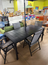 6 pc set- NEW- Metal outdoor table with slat top- 4 new outdoor chairs that fold- and 5 New 9 ft umbrella with tilt features