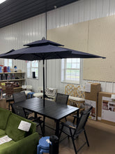 6 pc set- NEW- Metal outdoor table with slat top- 4 new outdoor chairs that fold- and 5 New 9 ft umbrella with tilt features