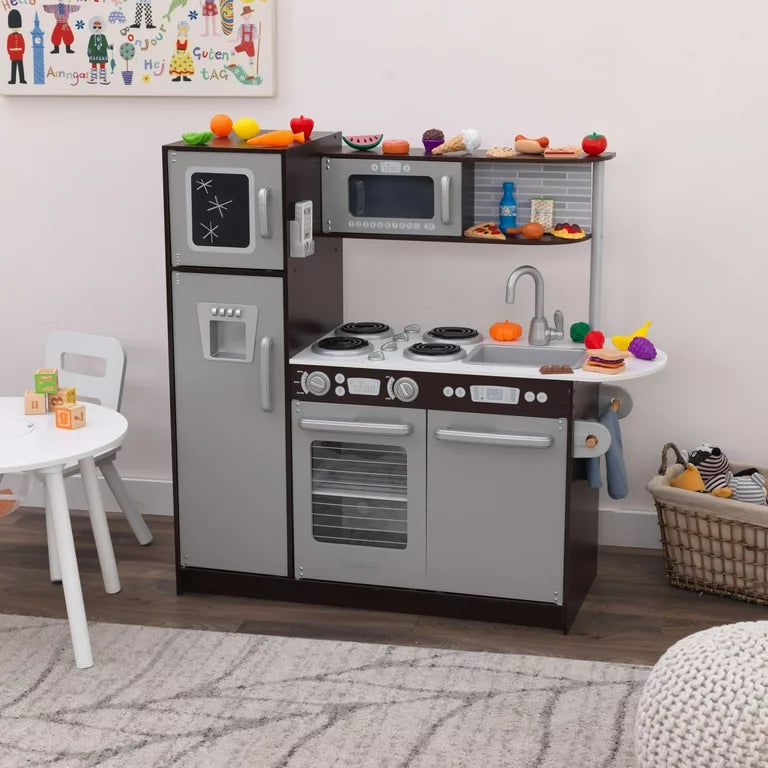 KidKraft Uptown Wooden 30-Piece Play Kitchen for Kids, Black and Silver**New in box**
