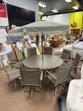 CLEARANCE SALE!  10- Piece Metal Outdoor Dining Set with 60 in. Sandshell Round Table, 8 Sandshell Swivel Dining Chairs for 8 Person and umbrella - new / assembled!