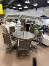 CLEARANCE SALE!  10- Piece Metal Outdoor Dining Set with 60 in. Sandshell Round Table, 8 Sandshell Swivel Dining Chairs for 8 Person and umbrella - new / assembled!