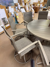 CLEARANCE SALE!  10- Piece Metal Outdoor Dining Set with 60 in. Sandshell Round Table, 8 Sandshell Swivel Dining Chairs for 8 Person and umbrella - new / assembled!