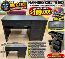 BLACK FARMHOUSE EXECUTIVE DESK WITH 4 DRAWERS & BUILT-IN CHARGING STATION!! (BRAND NEW & ASSEMBLED)