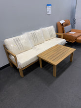 Dunham Outdoor 2 Piece Natural Finish Solid Wood Patio Conversation Set with Beige Cushions, Coffee Table, Slat Design- new and assembled
