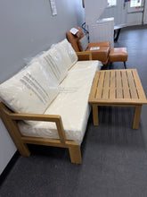 Dunham Outdoor 2 Piece Natural Finish Solid Wood Patio Conversation Set with Beige Cushions, Coffee Table, Slat Design- new and assembled