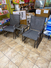 3-Piece Metal Frame Sling Grey Fabric Patio Conversation Set Double Rocker Chair with Coffee Table- new and assembled