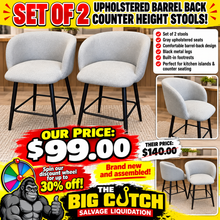 SET OF 2 UPHOLSTERED BARREL BACK COUNTER HEIGHT STOOLS!! (BRAND NEW & ASSEMBLED)