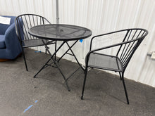 3Pc Steel Round Metal Mesh Outdoor Patio Bistro Table Black & 2 Wire Back Outdoor Patio Dining Stacking Chair Black! (NEW - CHAIRS ARE SCRATCHED)