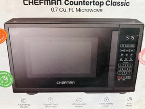 Chefman 0.7 cu. ft.Countertop Microwave in Black with Presets, Power Levels, Mute, 30 Seconds, Eco Mode, Child lock, 700 Watts! (NEW IN BOX)
