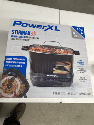 Power XL StirMax 7.5 Qt Multi-Cooker with Auto Stir/Shred Paddle and 9 Presets, Matte Black- new