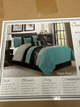 Chezmoi Collection Napa 7-Piece Luxury Leaves Scroll Embroidery Bedding Comforter Set (Queen - Teal/Blue) - NEW - (OPEN BOX)